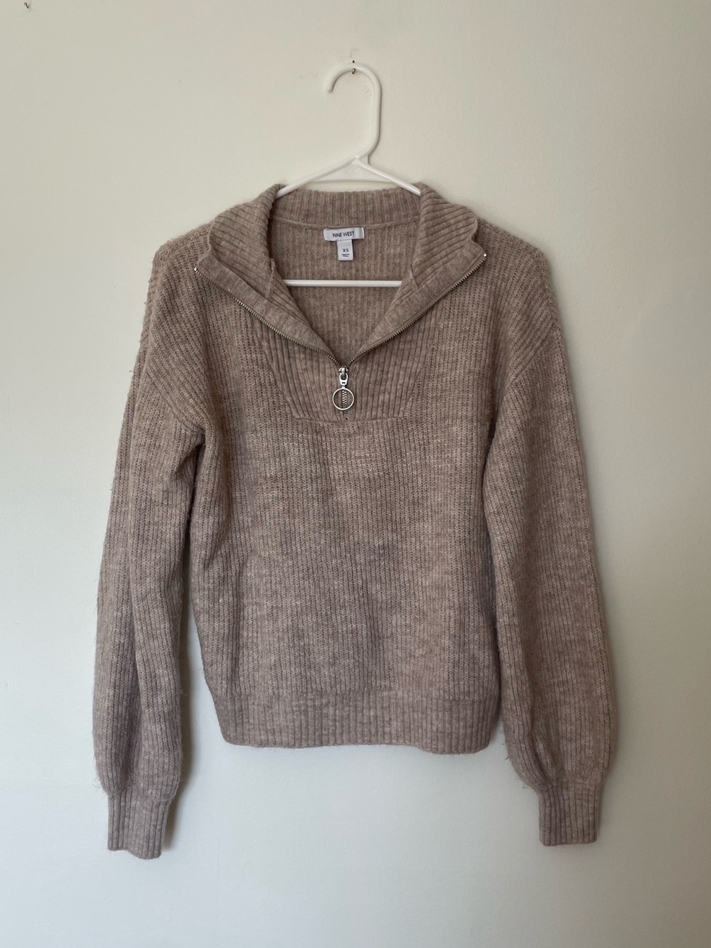 Taupe Ribbed Quarter-Zip Cowl Neck Sweater